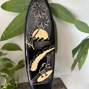Hawaiian Hand Made Wall Hanging 20&quot; Carved Wood Surfboard Home Decor Engraved Surfer