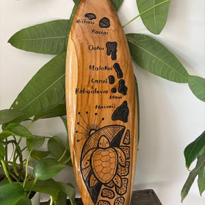 Hawaiian Hand Made 20&quot; Carved Teakwood Surfboard Home Decor Engraved Turtle Island Map