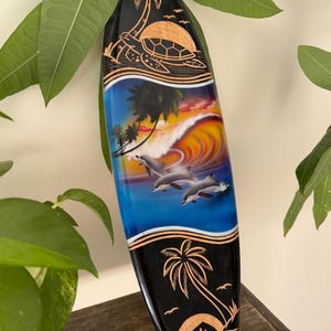 Hawaiian Hand Made 20&quot; Carved Wood Surfboard Home Decor Engraved Turtle Palmtree Airbrush w/ Dolphin
