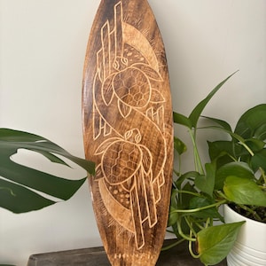 Hawaiian Hand Made 20&quot; Carved Teakwood Surfboard Home Decor Engraved Turtle Design