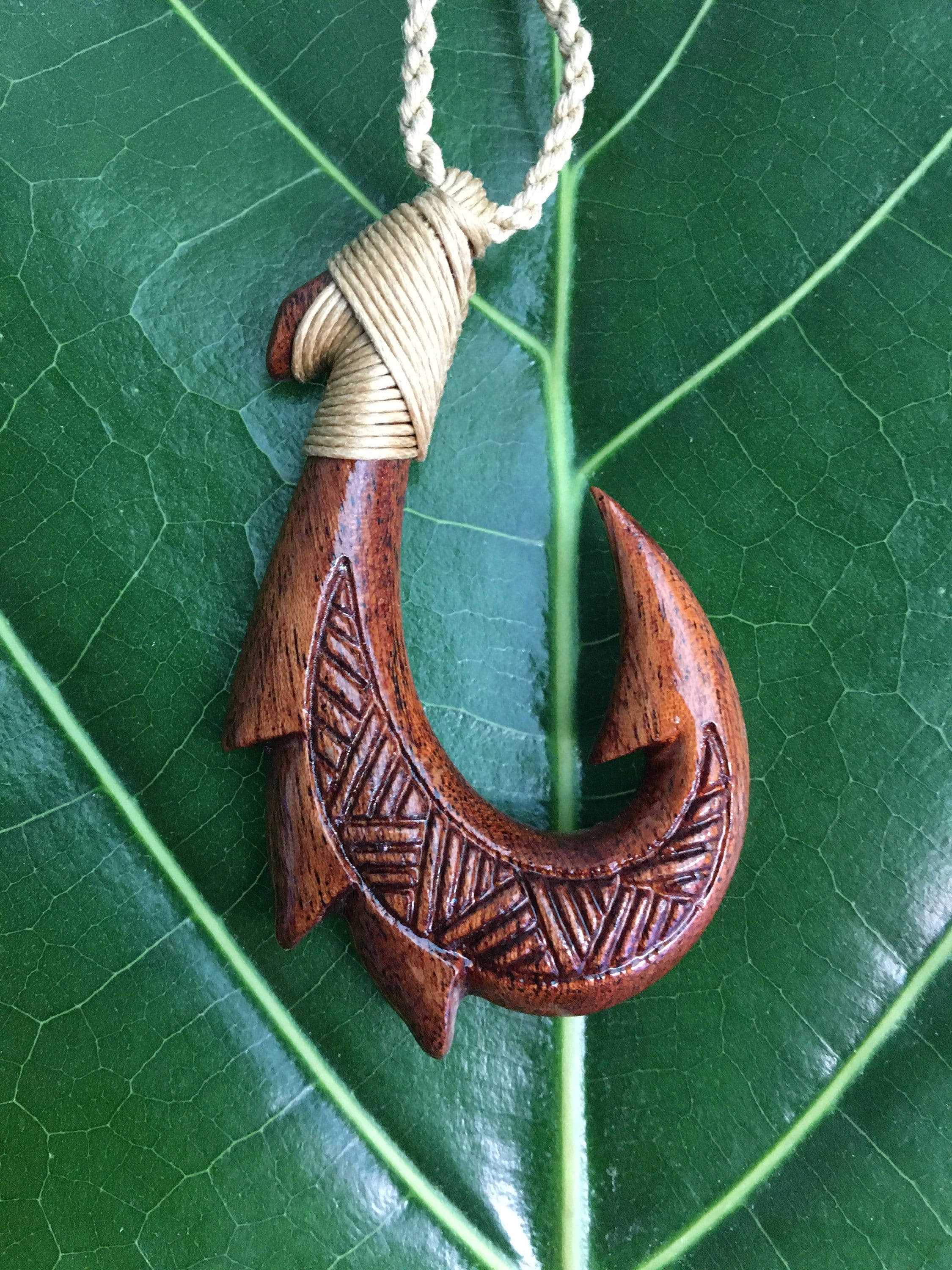 Koa Wood Pointed Fish Hook Tribal Design Maori HEI Matau Hawaiian Pendant