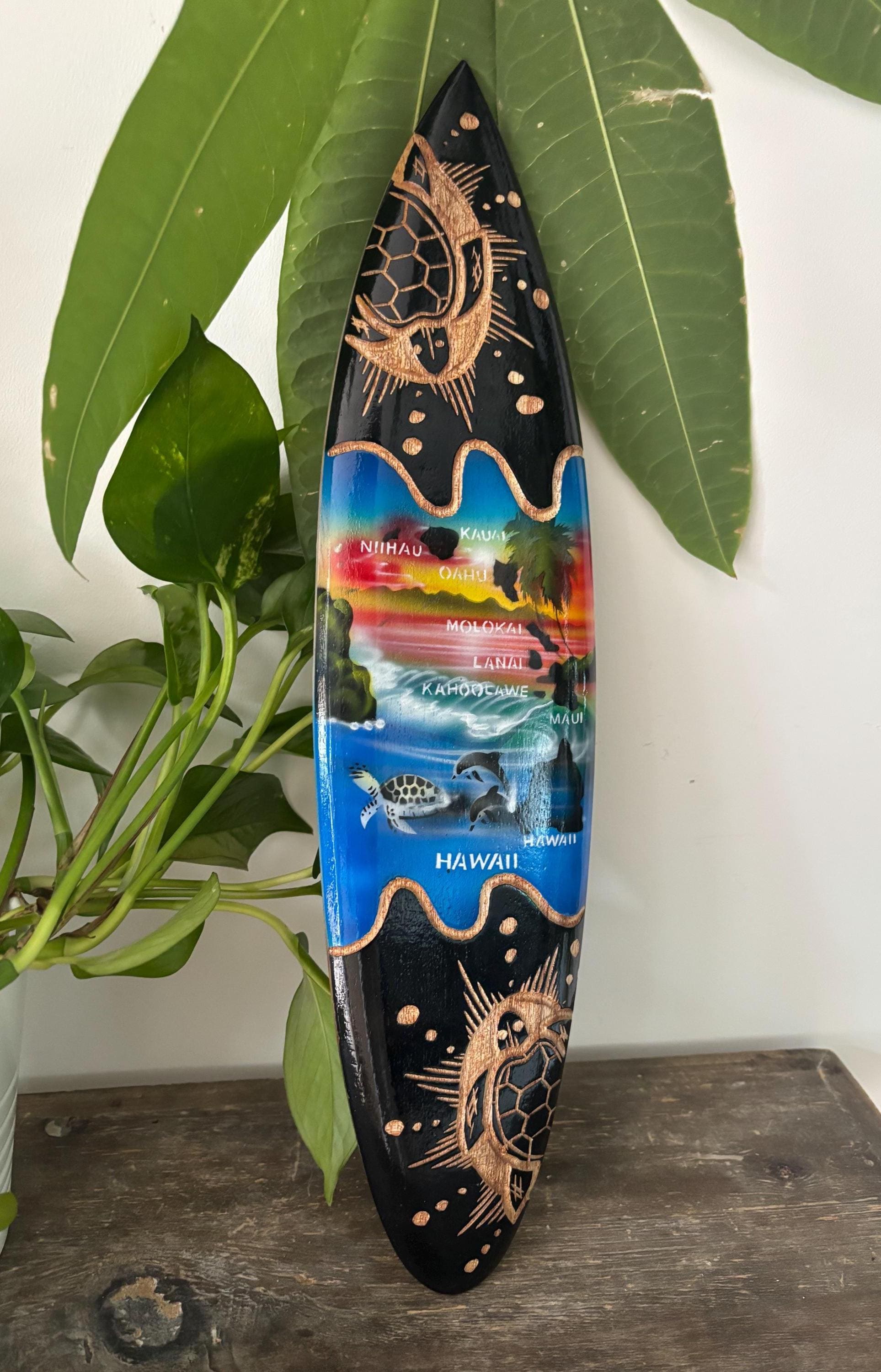 Hawaiian Hand Made 16" Carved Wood Surfboard Home Decor Engraved Honu W ...