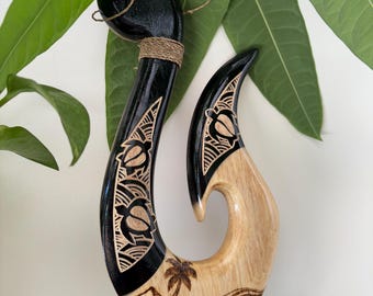 Hawaiian Hand Made Wall Decor Plaques Solid Wood Polynesian Fish Hook Engraved Honu Turtle Design w/ Burnt Mountain