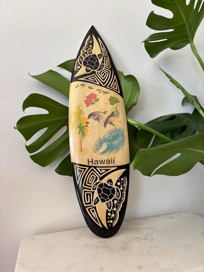 Hawaiian Hand Made 19.5" Carved Airbrushed Wood Surfboard Home Decor ...