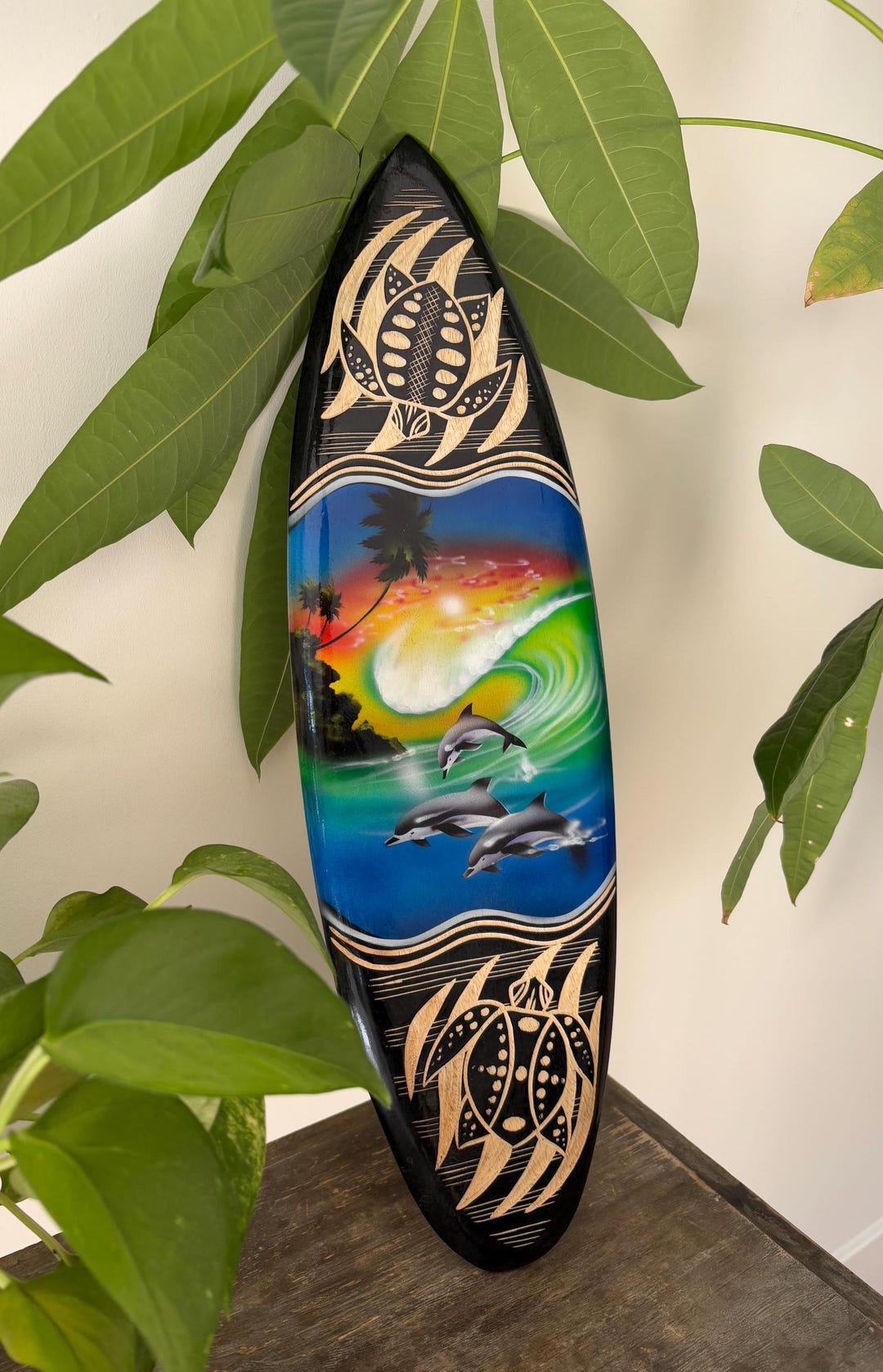 Hawaiian Hand Made 20" Carved Wood Surfboard Home Decor Engraved Turtle ...