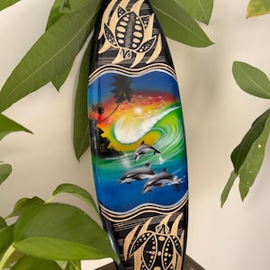 Hawaiian Hand Made 20&quot; Carved Wood Surfboard Home Decor Engraved Turtle Airbrush w/ Dolphin