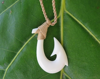 Maori Hei Matau New Zealand Fish Hook Bone Necklace Choker with Adjustable Cotton Cord