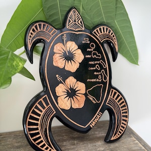 Hawaiian Hand Made Wall Hanging Decor Plaque Solid Carved Wood Turtle Honu Hibiscus Flower Design