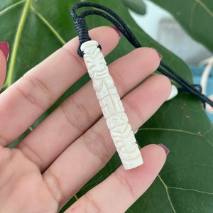 White Carved Tiki Ancient Polynesian Buffalo Bone Hawaiian Jewelry Pendant with Adjustable Cord
