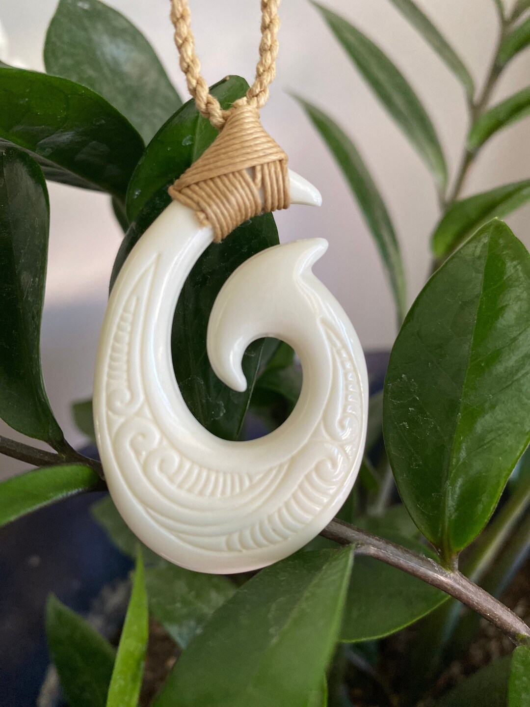 Hawaiian Jewelry Hand Carved Tattoo Fish Hook White Buffalo Bone, Bone Fish Hook