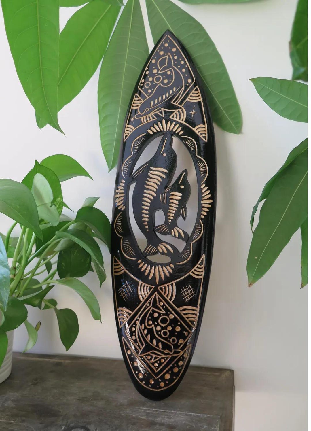Hawaiian Hand Made 20" Carved Out Wood Surfboard Home Decor Engraved ...