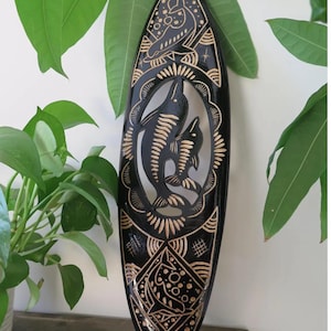 Hawaiian Hand Made 20&quot; Carved Out Wood Surfboard Home Decor Engraved Dolphin Turtle Hibiscus