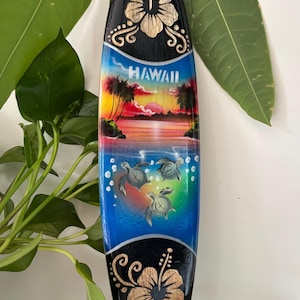 Hawaiian Hand Made 16&quot; Carved Wood Surfboard Home Decor Engraved Hibiscus w/ Airbrush Turtles
