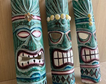 "Hawaiianische handgemachte geschnitzte hölzerne 19,5 ""gemalte Tiki-Maske w / Sea Shell Plaques Wanddekor hängen Tiki Bar Mann Höhle (3er Set)"