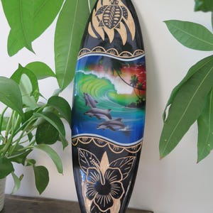 Hawaiian Hand Made 20&quot; Carved Wood Surfboard Home Decor Engraved Turtle Airbrush w/ Dolphin