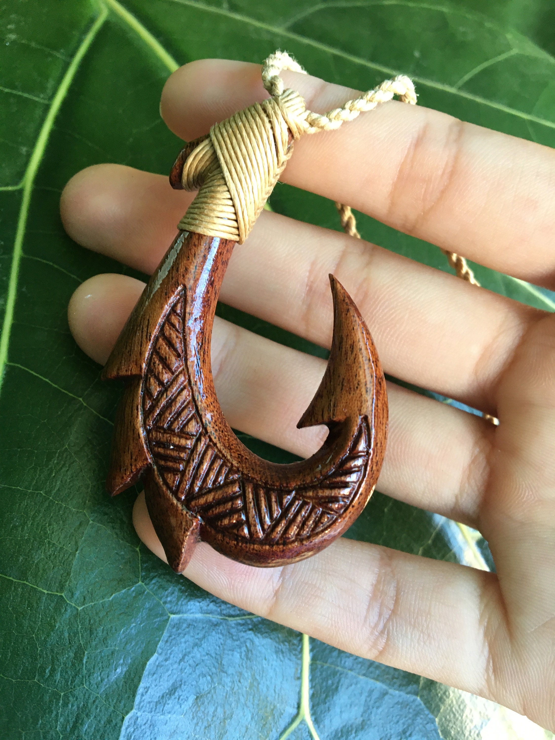 Koa Wood Pointed Fish Hook Tribal Design Maori Hei Matau Hawaiian