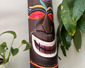 Hawaiian Hand Made Carved Wooden 19.5" Painted Tiki Mask Plaques Wall Decor Hanging Tiki Bar Man Cave