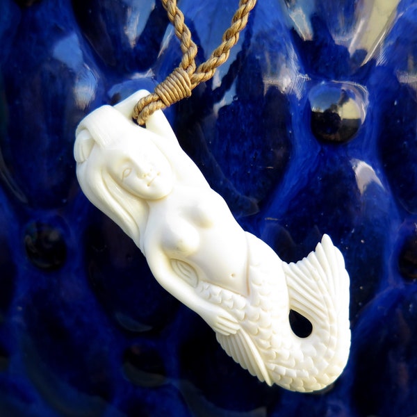 Hawaiian Mermaid Carved Buffalo Bone Pendant Necklace with Adjustable Cotton Cord Hawaii Tribal Jewelry