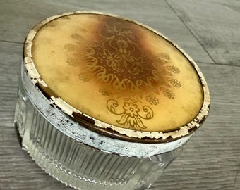 Vintage/ Glass/ Metal Lid/ Art Deco/ Vanity Jar/ Powder Jar/ Trinkets/ Fair Condition