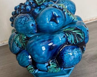 Vintage/ Inarco/ mood indigo blue/  cookie jar/ with lid/ ceramic/ canistar/ has base/ blue molded fruit/ Good Condition