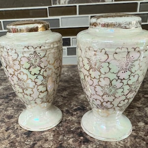 Vintage/ Set of Salt and Pepper/ Shakers/ Elegant Gold /Floral /Pedestal Iridescent/ Fair Condition
