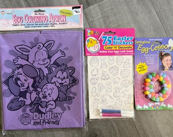 New Old Stock/ Vintage/ Bundle of 3/ Kids/ Easter/ Egg Cessory Bracelet-Srunchie/ 3 Dudley Egg Aprons/ 75 color n decorate Easter Stickers