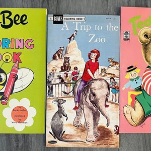 New Old Stock/ Set of 3/ Vintage/ Buzzy Bee/ A trip to the Zoo/ Teddy Bear/ Whitman/ Merrigold Press/ Coloring Books