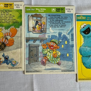 Vintage/ 1989/ Set of 3/ Frame Tray/ Puzzle/ 12 Pieces/ Sesame Street/ Big Bird/ Cookie Monster/Bert/ Ernie/ Complete/ Excellent Condition