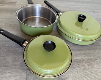 Vintage/ Sears/ Avocadogroen/5 inch stuk/ Kookgerei/ Set/ Roestvrij staal/ Pot/ Pan/ Schotel/ Deksels/ Redelijke staat
