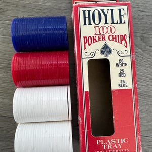ヴィンテージ/ 1992年/ ホイル/ 100/ ポーカーチップ/ 白50枚/ 赤25枚/ 青25枚/ プラスチック/ 連結式/ 洗濯可能/ 状態良好