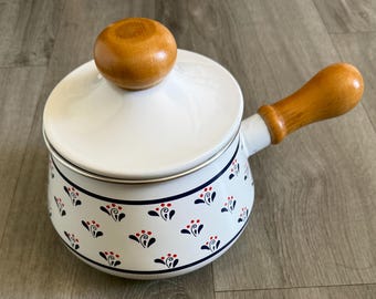 Vintage/ Esmaltado/ Olla/ Olla para fondue/ Mango de madera/ Buen estado