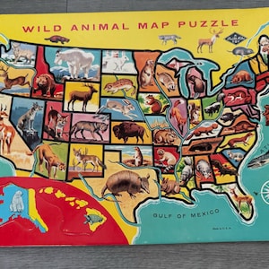 Vintage/ Wildes Tier/ Landkarte Puzzle/ USA/ Puzzle/ Komplett/ Guter Zustand