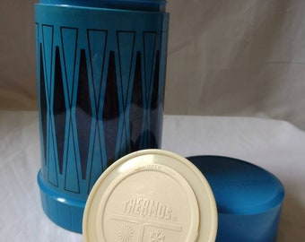 Vintage/ Turquoise Blue/ black diamond design/ 3cup/ Widemouth/ Insulated/ Thermos