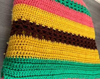Vintage/ Handmade/ Crochet/ Afghan/ Blanket/ 66 x 72/ Brown/ Green/ Yellow/ Pink/ Good Condition