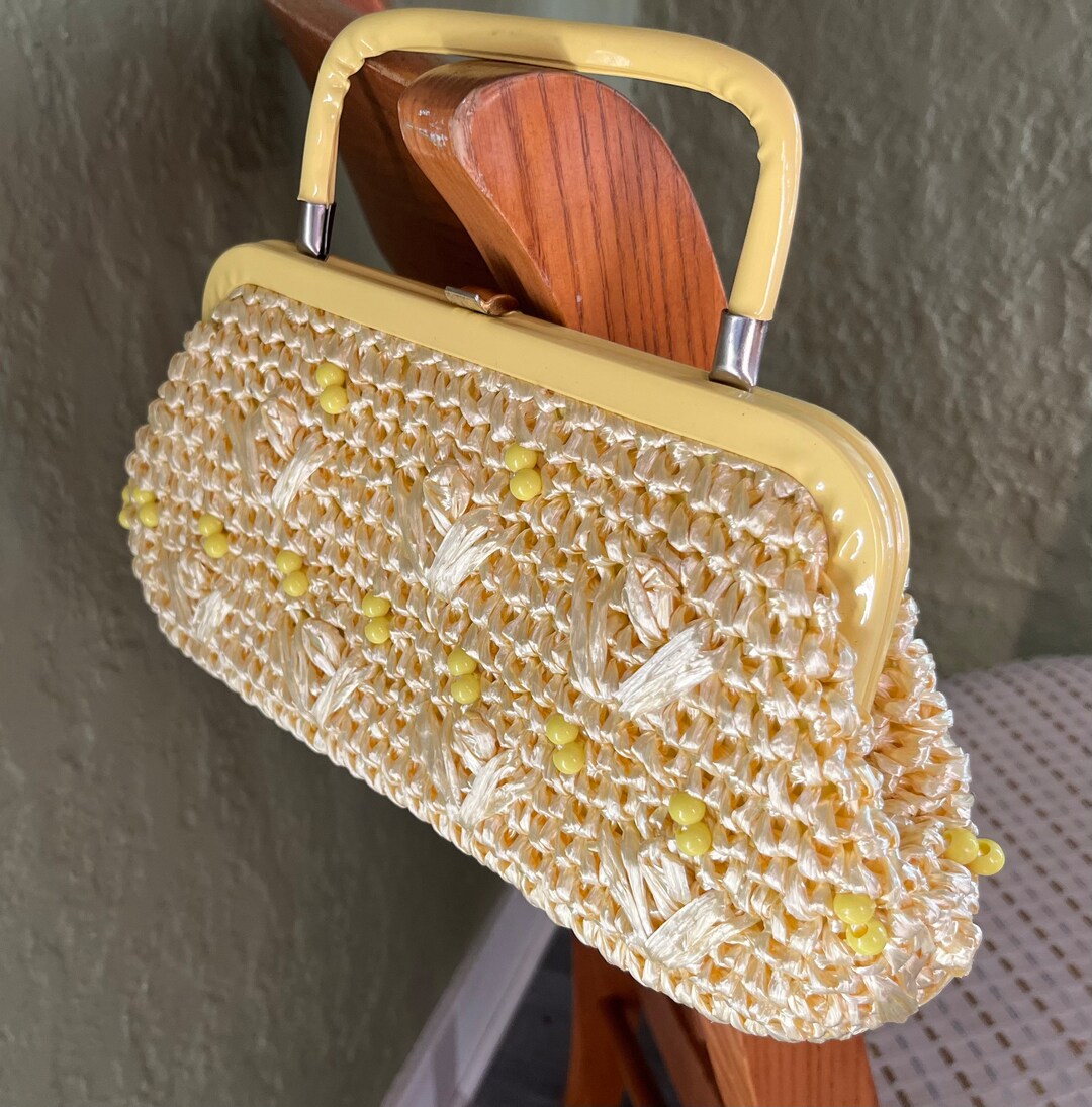 Vintage/ 1960s/ Yellow/ Raffia and Bead/ Purse/ Top Handle/ Excellent ...