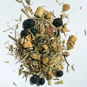 May include: A mix of dried herbs, berries, and roots for making herbal tea. The mix includes dried lemongrass, ginger, berries, and other herbs.