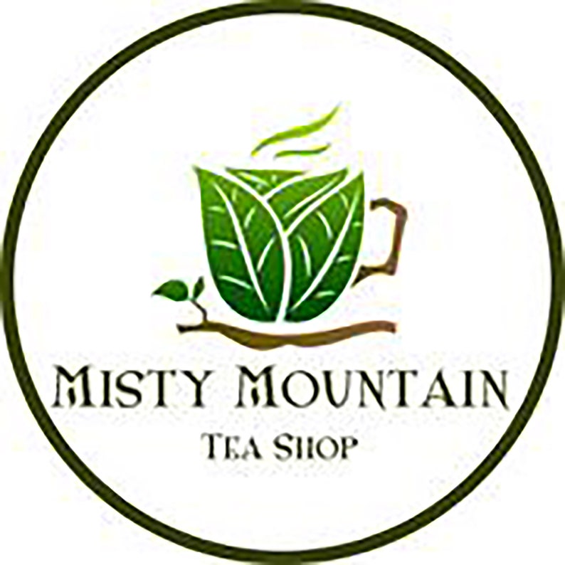 May include: A green teacup logo with a stylized leaf design and the text "Misty Mountain Tea Shop".