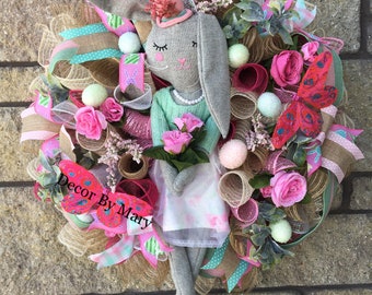 Easter bunny wreath, Easter wreath, Spring wreath, Easter Spring bunny wreath, home decor, front door decor, egg wreath, floral wreath