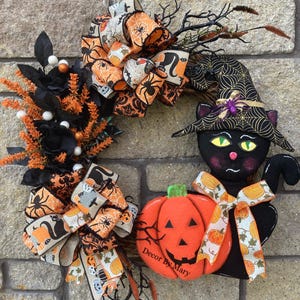 Cat wreath, Halloween wreath, Cat Halloween wreath, black cat wreath, black cat Halloween wreath, home decor, front door decor, black cat