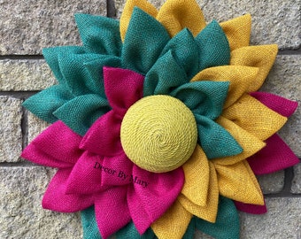 Sunflower, burlap sunflower, bright pink yellow & turquoise flower, home decor, front door decor, Spring flower wreath, summer flower wreath