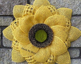 Yellow sunflower, yellow sunflower wreath, poly burlap flower, poly burlap flower wreath, yellow poly burlap sunflower wreath, home decor