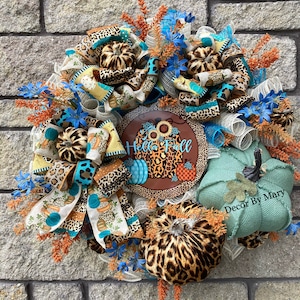 Leopard print Fall Autumn wreath, orange, blue and leopard print pumpkin wreath, fall grapevine wreath, front door decor, home decor, autumn