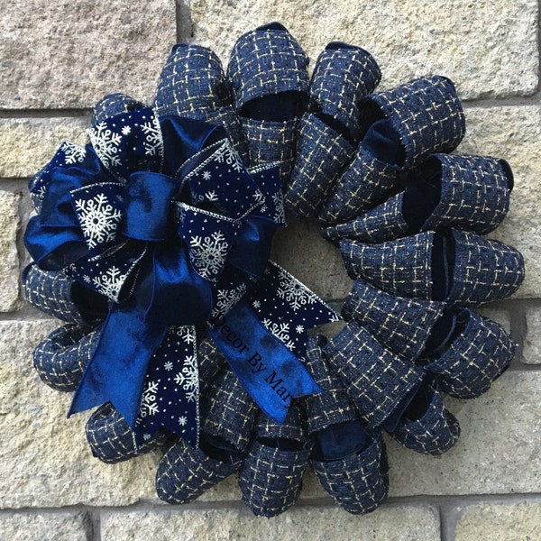 Blue Christmas wreath, blue Christmas ribbon wreath, front door decor, home decor, snowflake velour ribbon wreath, silver and gold wreath