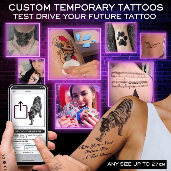 Custom Temporary Tattoos - Buy 1 Get 1 Free! | Use your own designs | Personalised | Any size up to 27cm | No Regrets | Free UK Postage