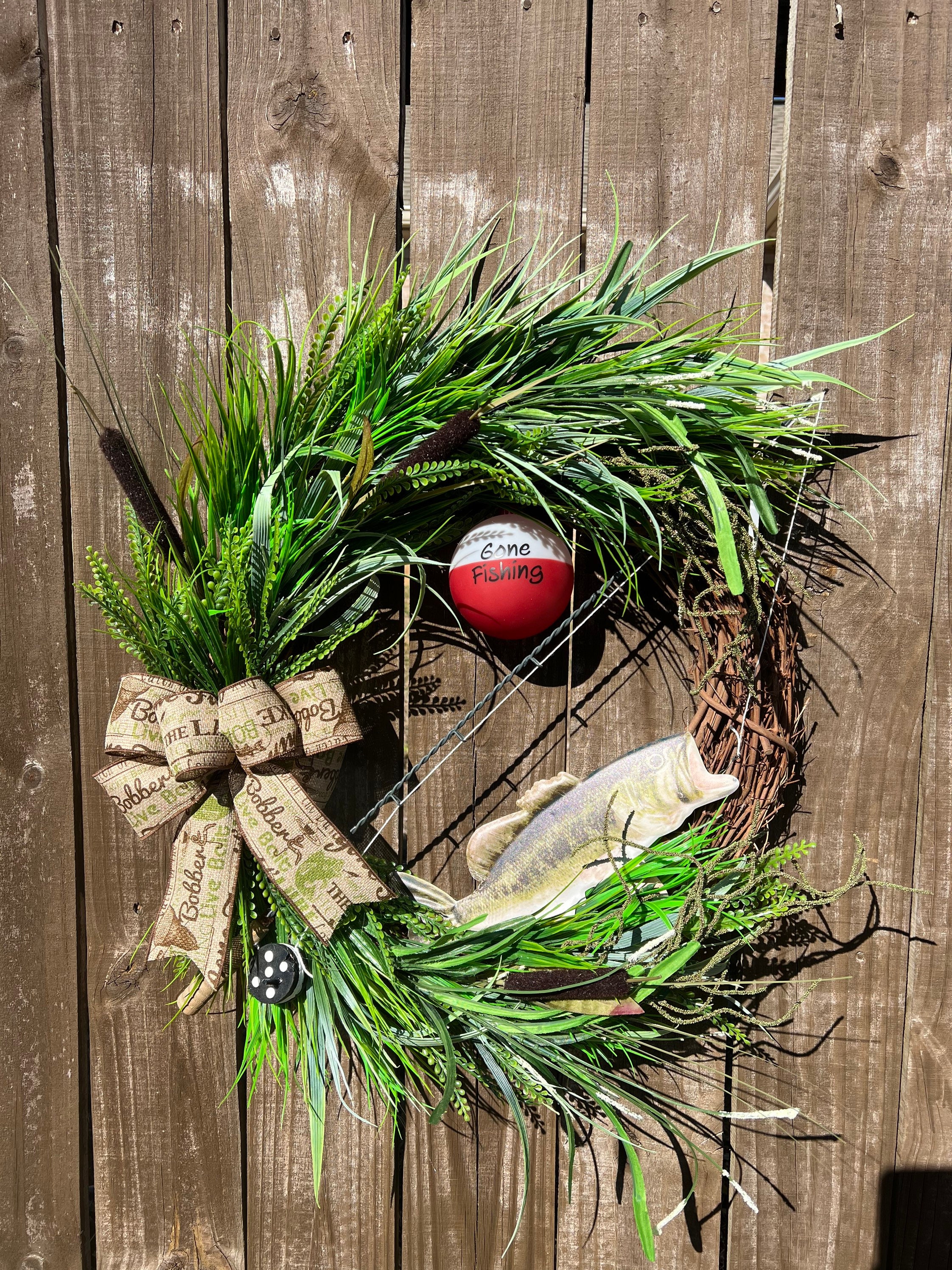 cane fishing poles fir making wreath Gone Fishing Wreath, Rustic Front Door Wreath, Father's Day Gift