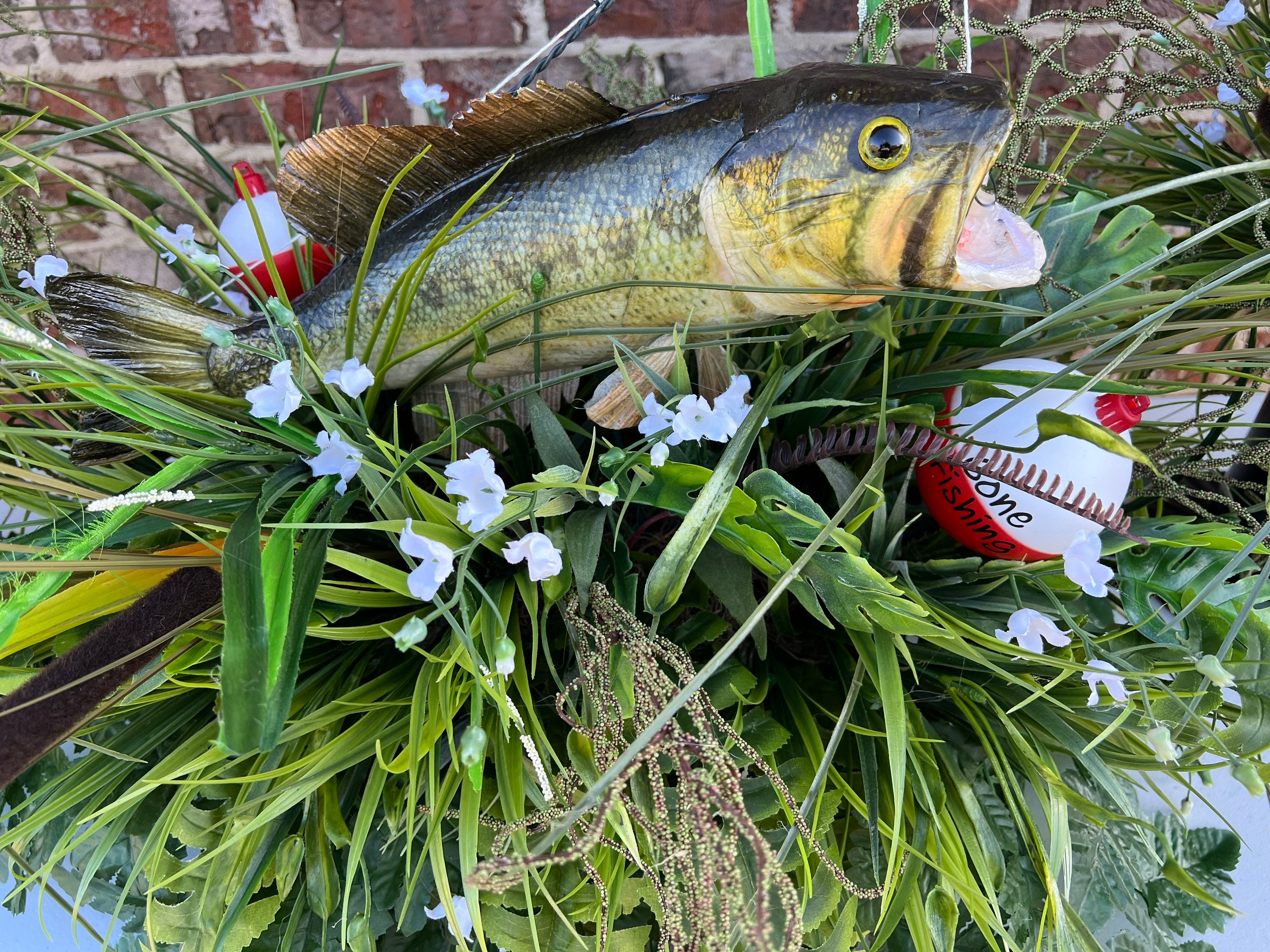 Bass Fish Headstone Saddle Combo With 2 Gone Fishing Vase