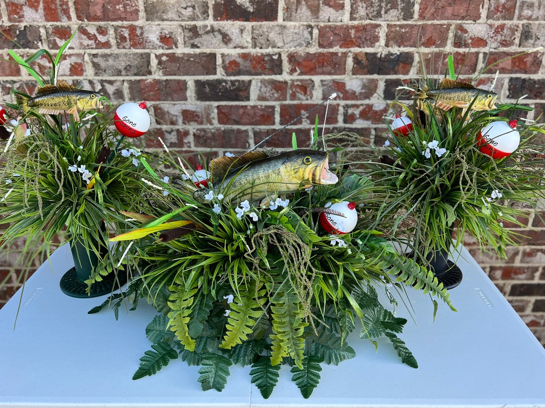 Bass Fish Headstone Saddle Combo With 2 Gone Fishing Vase Arrangements