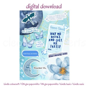 May include: Digital download graphic featuring a collage of blue and white elements. Includes a dragon, butterflies, a crescent moon, a flower, and text that reads "BUY ME BOOKS AND CALL ME PRETTY".