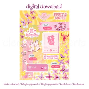May include: Digital download graphic with a yellow and pink theme. Features butterflies, cowboy boots, a cowboy hat, hearts, and the word "Kindle." Text includes "Books & Coffee" and various chat bubbles.