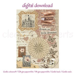 May include: A digital collage featuring a vintage aesthetic with a compass, butterflies, flowers, and a skull. The text "dream on little dreamer" and "BOOK LOVER" are included in the design.